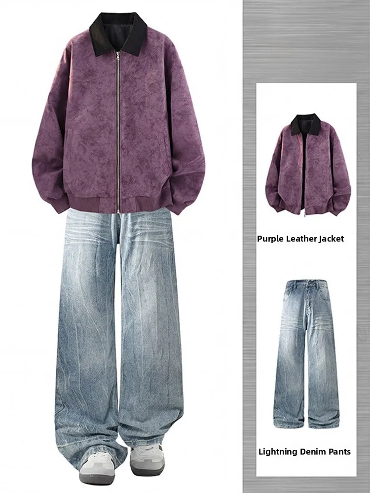 

Мужская куртка из искусственной кожи Cleanfit, окрашенная в фиолетовый цвет, и джинсы прямого кроя с микро-клешем для весеннего празднования Нового года