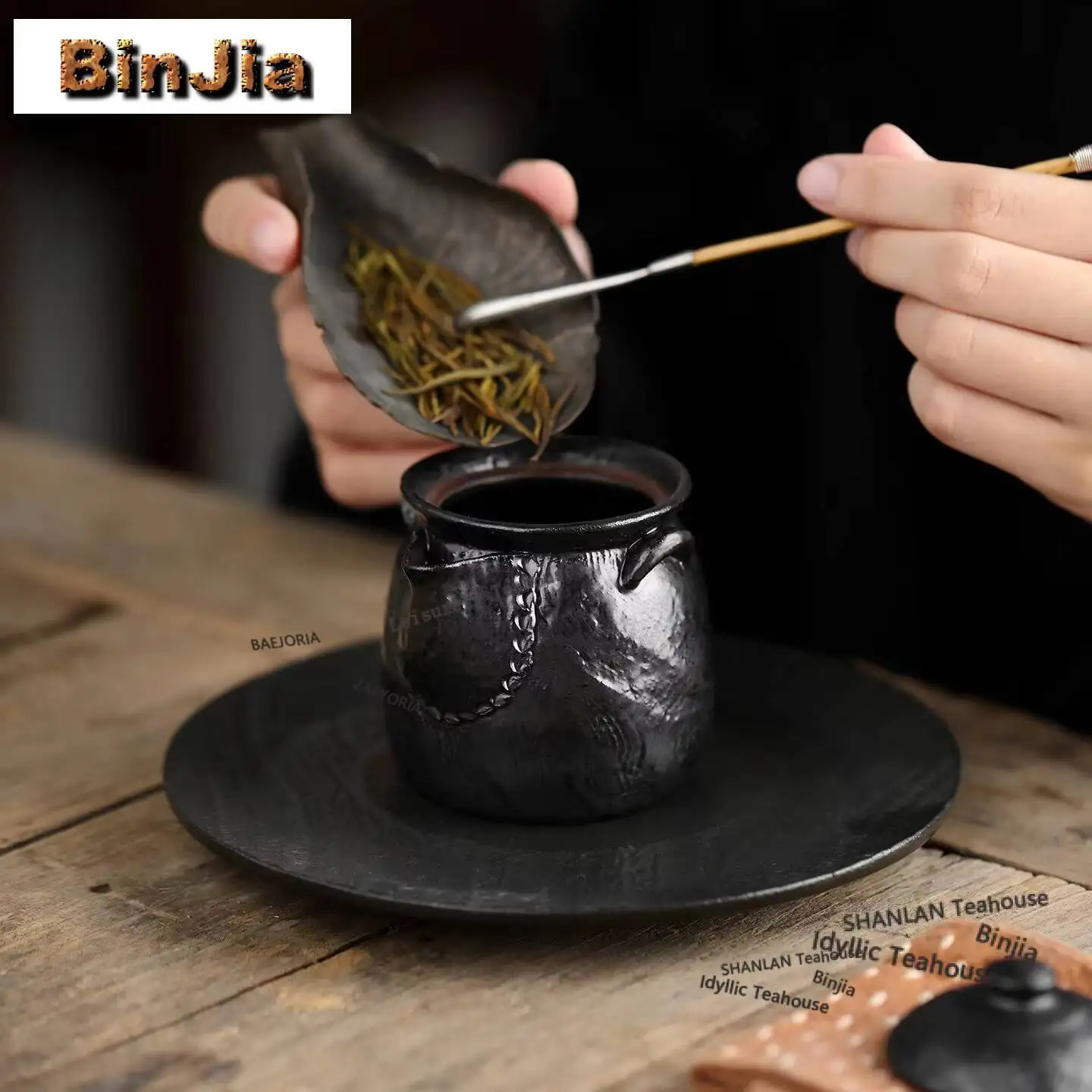 160ml Black Gold Glaze Chain Handheld Teapot Vintage Tea Infuser Pot Tea Soaking Kettle with Filter Dahongpao Teaware Ornaments