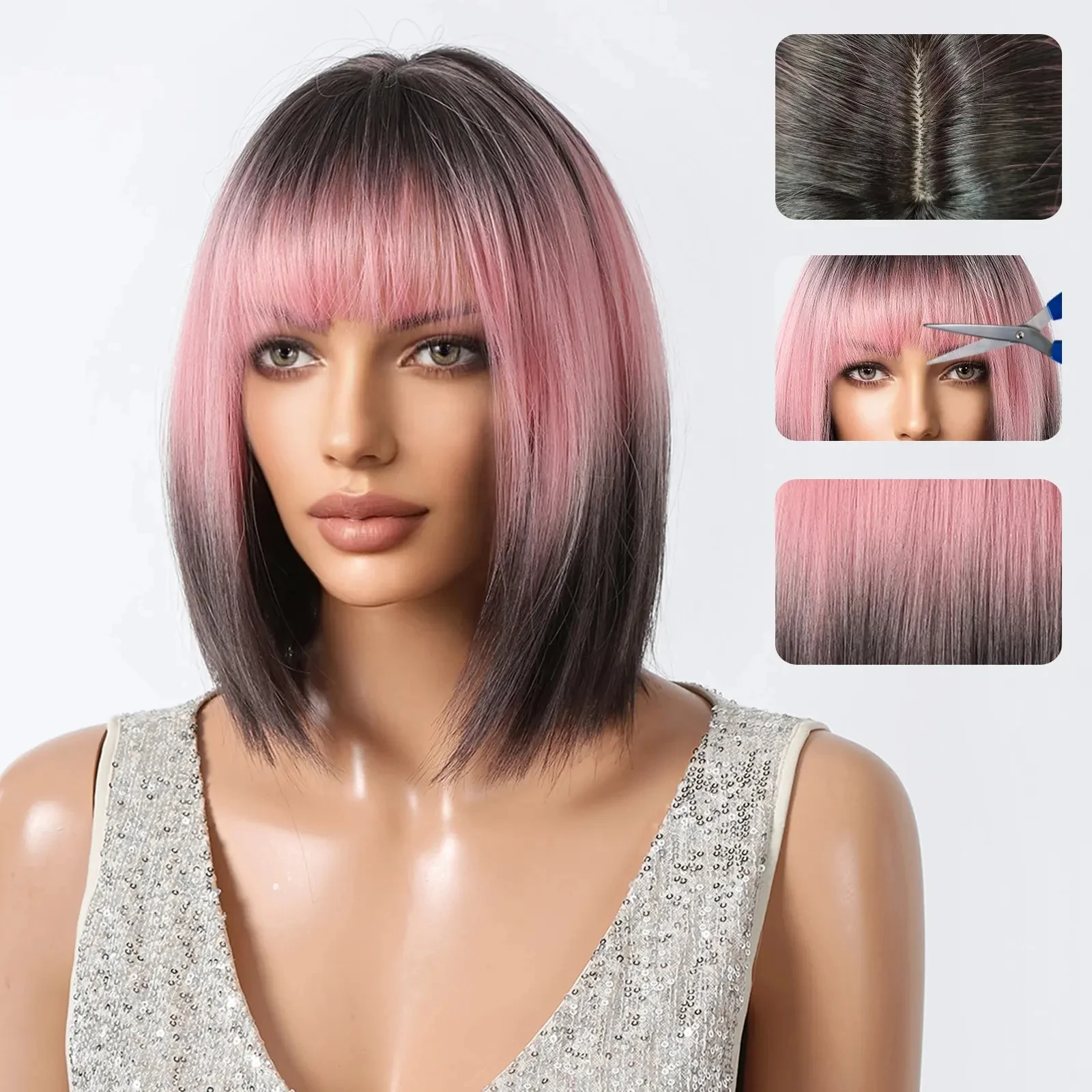 ALAN EATON Short Ombre Pink Black Hair Wig Synthetic Bob Wigs with Bangs Pink Straight Wig for Women Party Use Heat Resistant
