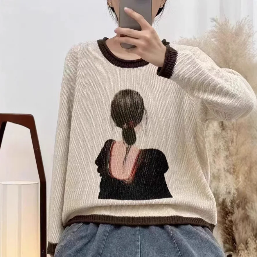 2024Women Cotton Sweaters Autumn Winter Mori Girl Style Color Spliced Ruched Cartoon Loose Female Tide Knit Pullovers Wild