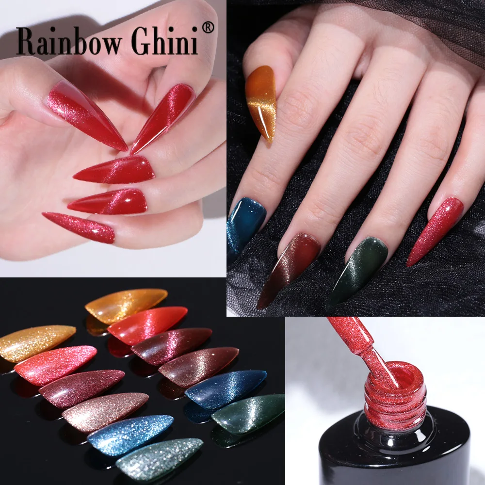 Arco-íris ghini 10ml cristalino meteoro olho de gato unha gel polonês vinho vermelho glitter magnético uv gel verniz semi-permanente unha polonês