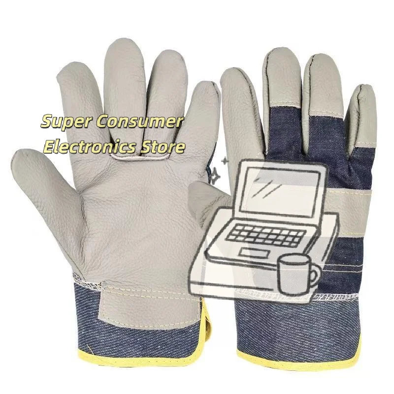 

1 Pair Cowhide Denim Gloves Thickened Safety Protective Gloves for Handling Heavy Equipment Construction Yard Work