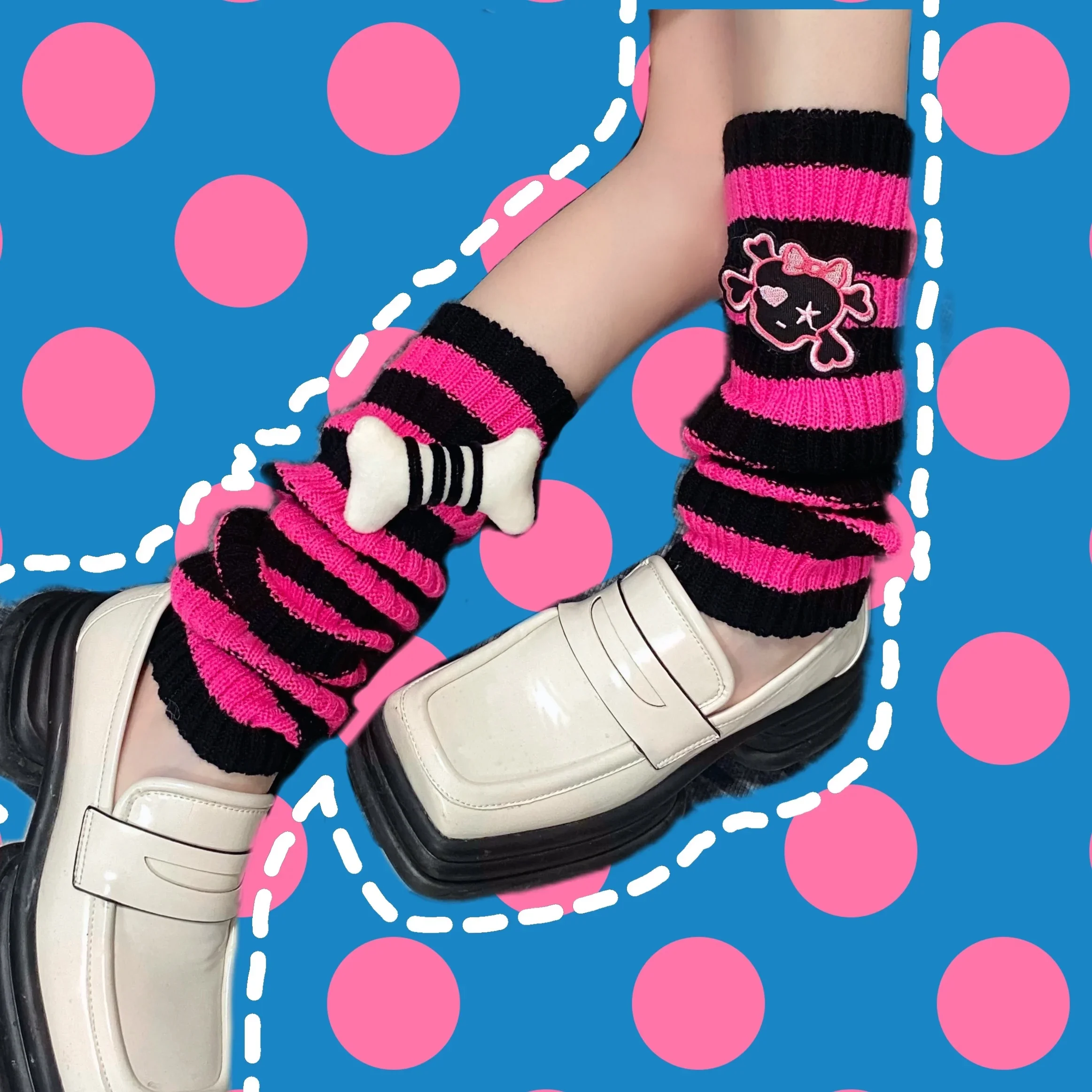 Ruibbit Hot Girl Japanese Knee Sleeve Leg Cover Harajuku Handmade Black Red Skull Stripes Leg Warmers Punk