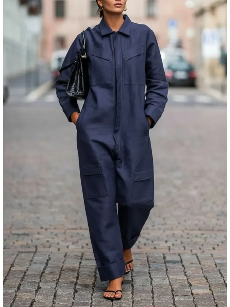 

Women's Navy Blue Utility Jumpsuit Lapel Collar Long Sleeves Zippered One-piece Pants 2025 Autumn Casual Streetwear Outfits