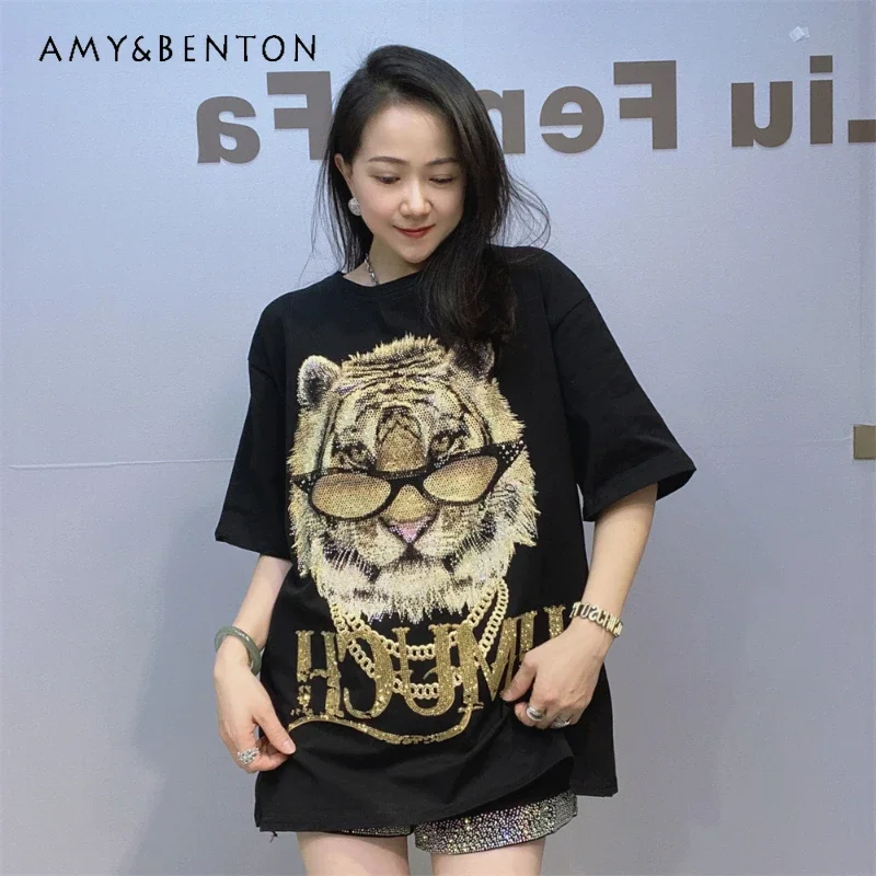 

Cartoon Tshirts Summer New Round Neck Pullover Half-sleeved Top Men's And Women's Same Style Diamond Drills Loose Casual T-shirt