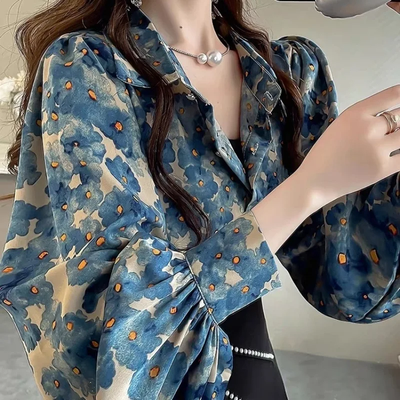 

2026 Spring Women's Luxury Floral Print Blouse Lantern Sleeve V Neck Slim Fit Elegant Casual Shirt