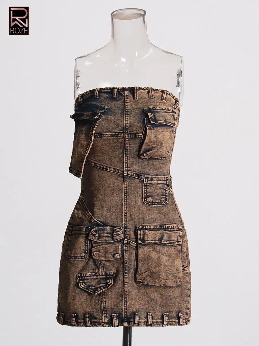 Sukienki damskie wyszczuplające z kieszeniami, asymetryczne, bez ramiączek, bez rękawów, tunika, sukienka kowbojska, odzież damska