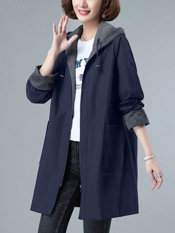 Spring New Arrival Hooded Jacket Midi Length plus Size Women's Outerwear Commute Style High Waist Polyester Fiber Zipper Closure