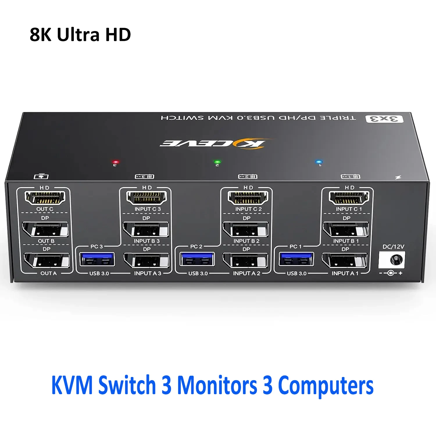 

8K Ultra HD KVM Switch 3 Monitors,HDMI+2 Displayport KVM Switch Triple Monitor for 3 Computer Share 3 Monitor 4 USB 3.0 Devices