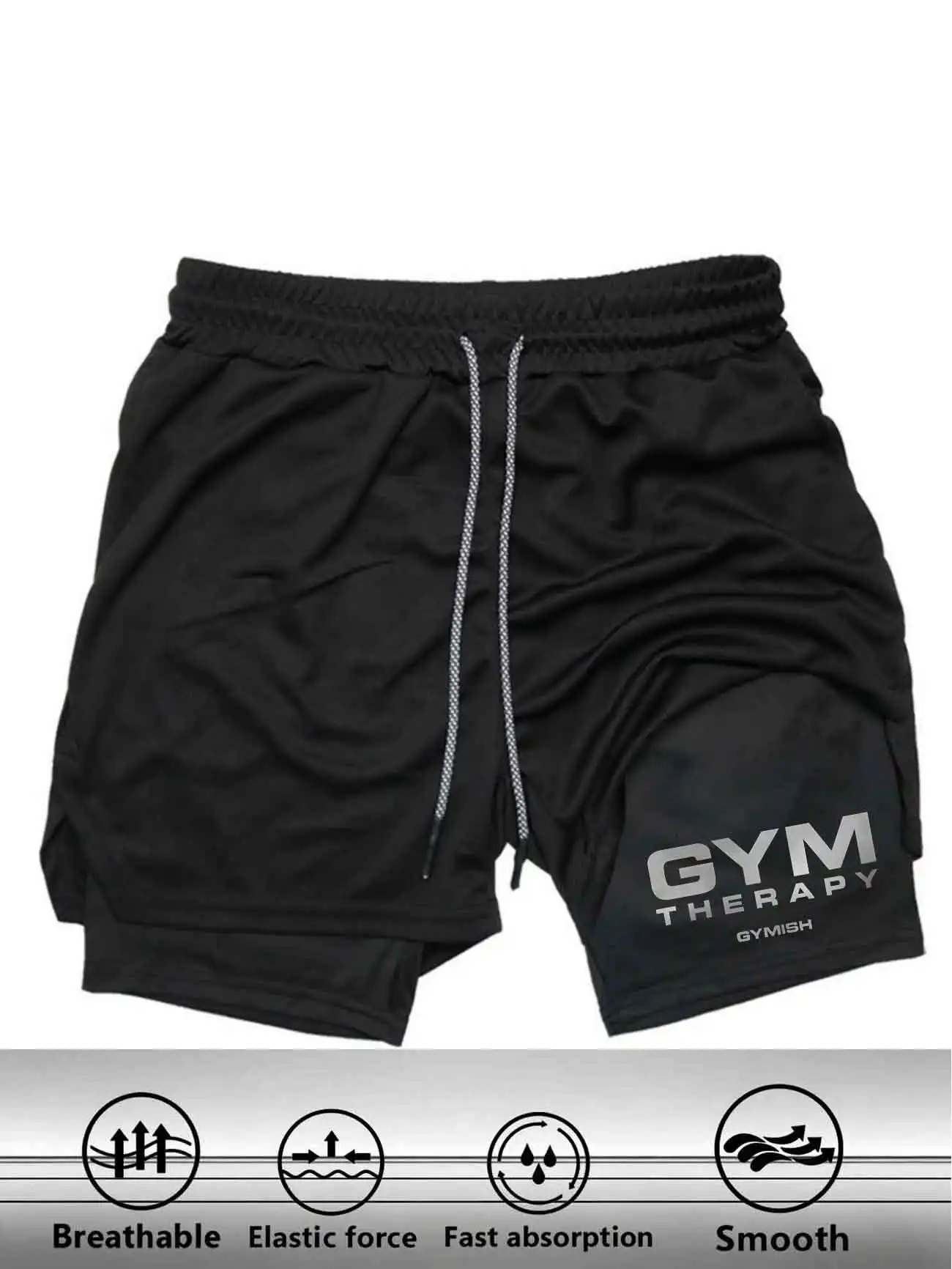 Men's 2 in 1 Gym Shorts GYM THERAPY Print Double Layer Workout Shorts Quick Dry Breathable Running Training Shorts With  Pocket