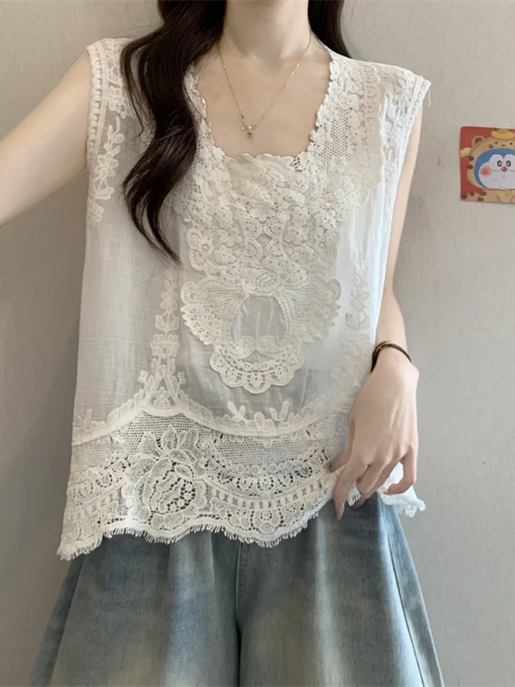 Bohemian Style Ivory Lace Embroidery Strap Vest Women Summer Outerwear Square Collar Flower Pattern Sleeveless Shoulder Pad