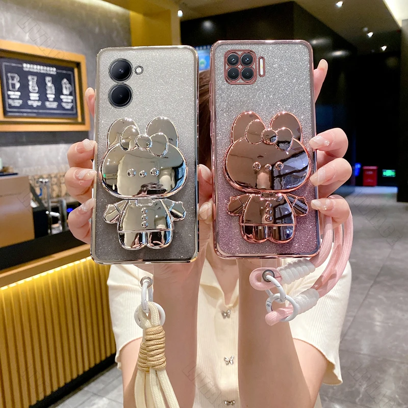 Gilitter Mirror Rabbit Wrist Strap Phone Case For Oppo A92 A38 A53 A76 A74 A97 A58 A72 A93 A96 A91 A93 A94 A95 A52 Stand Cover