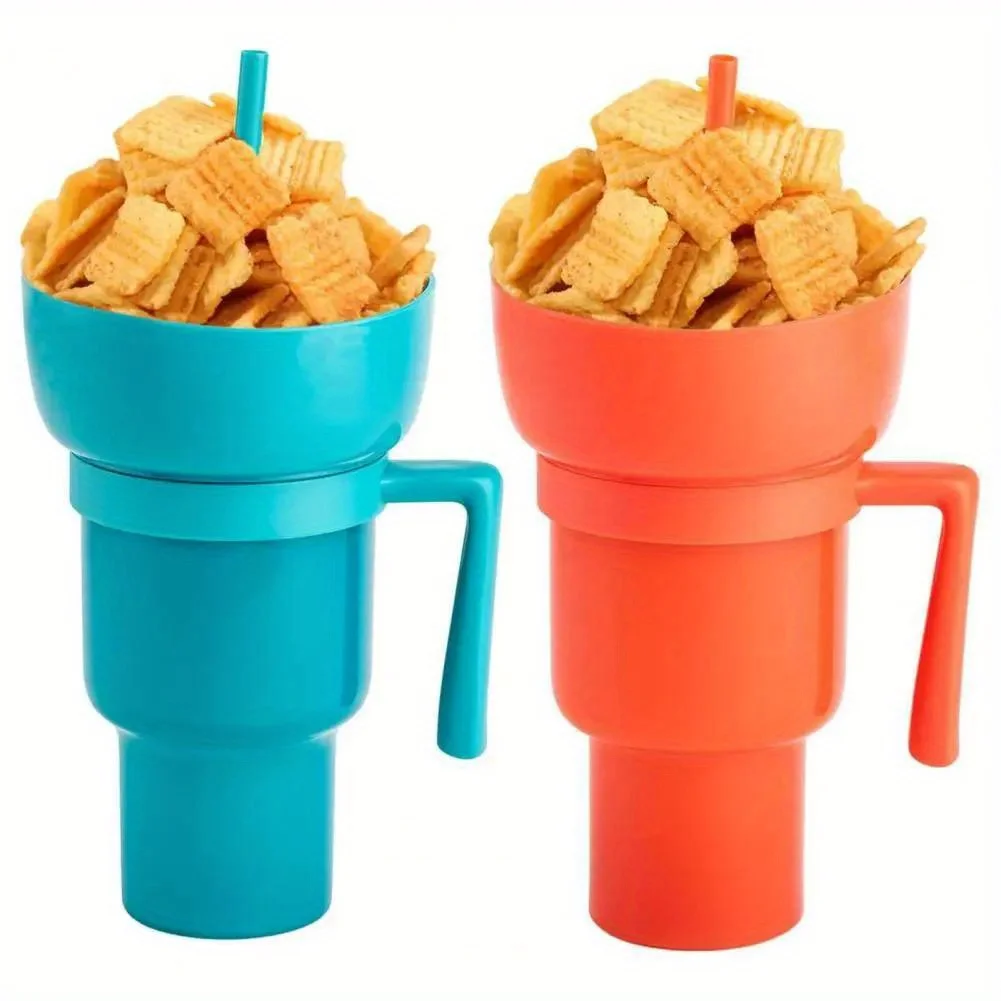 

Creative Snack Bowl Straw Drink Bottle Combination Mugs Convenient One-piece Food Container Friends Party Cinema Coke Popcorn