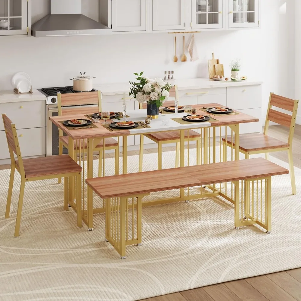 6-piece dining table set, can accommodate 6-8 people, modern rectangular dining table and 4 chair set, kitchen, restaurant