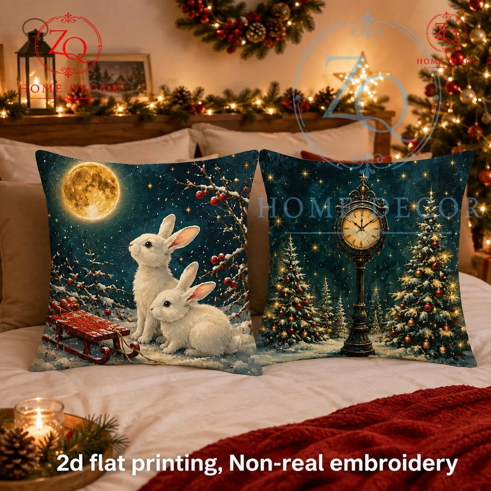 Vintage Christmas Winter Throw Pillow Cover Cute White Rabbits Moon Sleigh Night Scene Square Cushion Case  Holiday Home  Decor