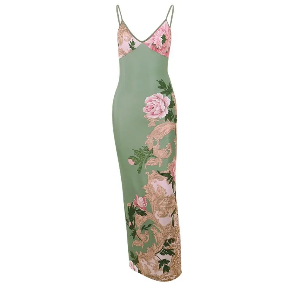 

Sleeveless Print Suspender Dress Slim-fit Dresses Cross Backless Maxi Dress Vneck Halter Floral Long Dresses Club