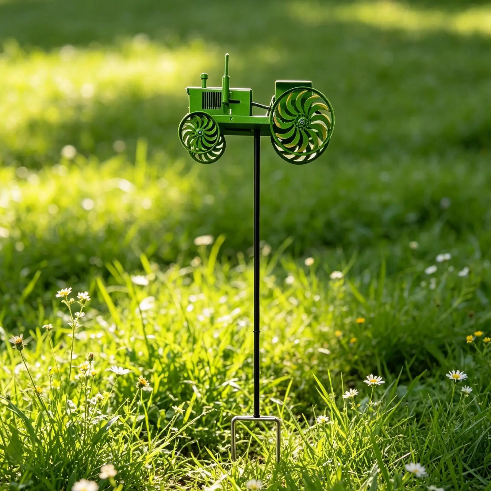 Tractor Wind Sculpture with Rotating Wheels Green Tractor Windmill Stake Decorative Windmill for Garden Yard Patio Lawn Decor