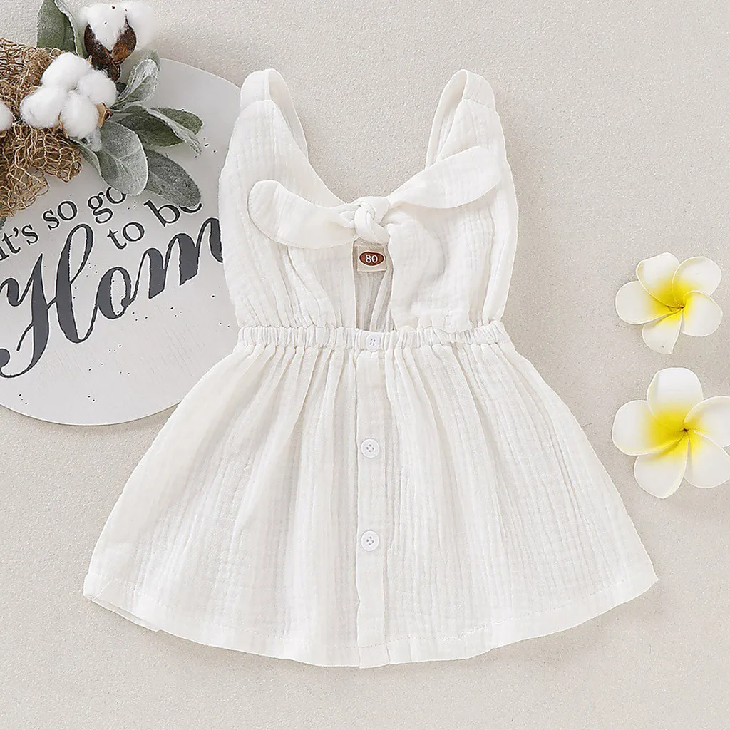 Baby Girl Dress Toddler Kid Baby Girl Solid Sleeveless Straps Bow Button Dress Clothes Girl New Dress