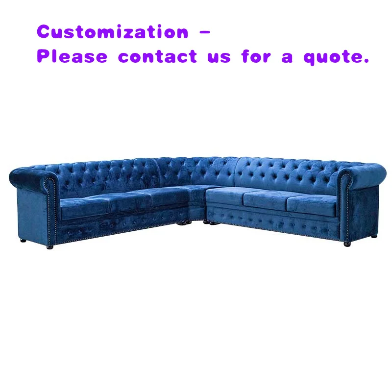 

Изготовленный на заказ синий бархатный угловой диван-секционный гарнитур в стиле Честерфилд с глубокой спинкой на пуговицах для ресторанов, клубов, лаунж-зон