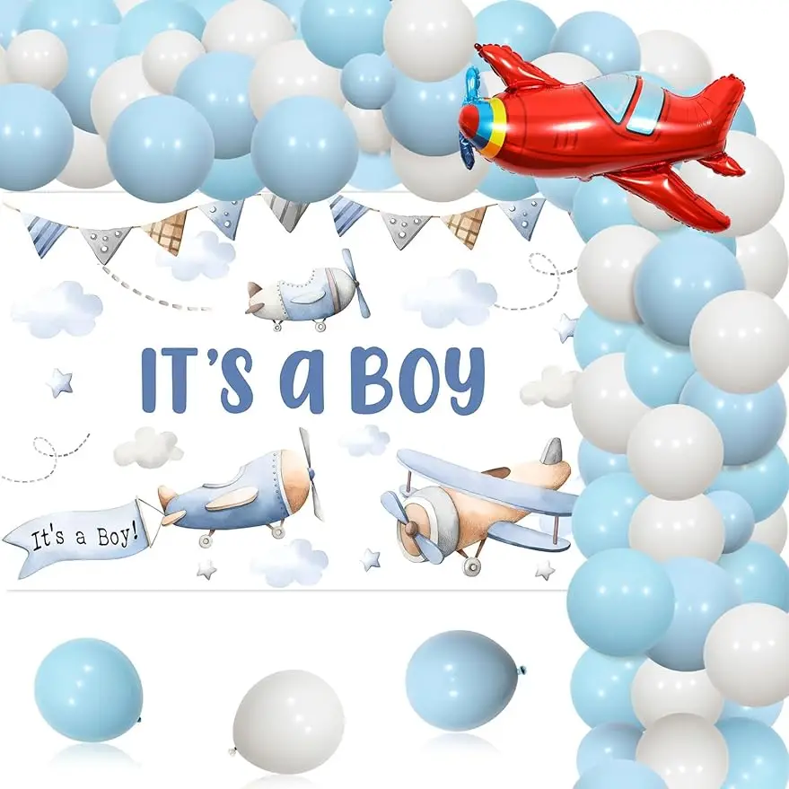 

JOYMEMO aircraft baby shower boy decoration, Banner balloon wreath kit transport vehicle boy shower decoration supplies