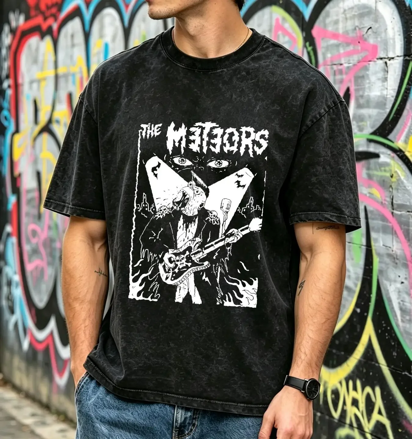 washed T Shirt The Meteors Band Cotton All Size S To 4XL SR164 vintage Washed Soft streetwear Unisex graphic Breathable