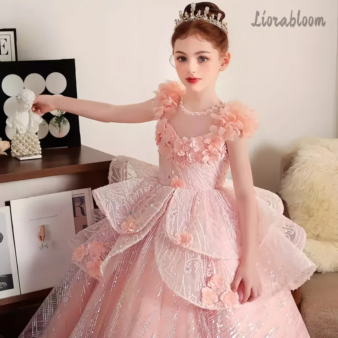 Girls' Pink Sequin Flower Girl Dress Full-Skirted Princess-Style Flower Girl Gown Fluffy Party Dress Wedding Attire