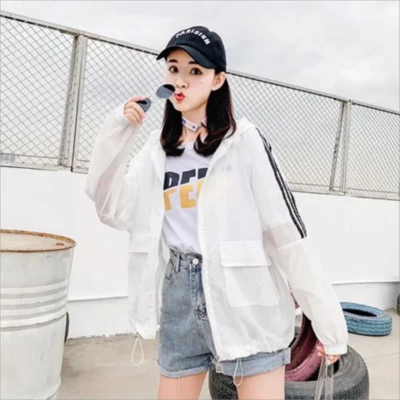 Summer Casual Sun Protection Clothing Women Korean Style Pocket Loose Windbreaker Zip Up Coat Outdoor Light Sunscreen Jacket Top