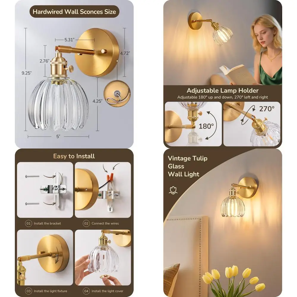 

Pair of Adjustable Brass Gold Wall Sconces with Tulip Glass, Vintage Lighting for Home