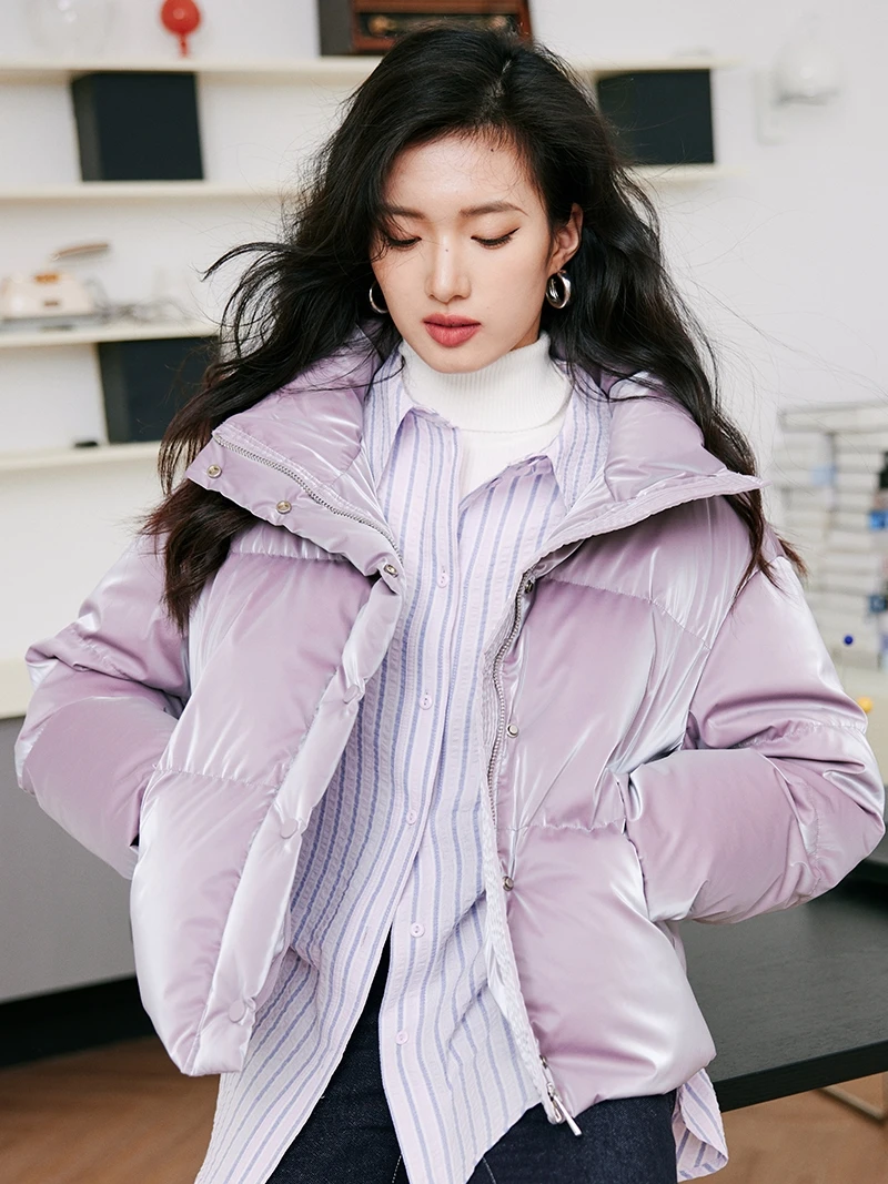 

ZJ Women's Korean Sle Purple Taro Stand Collar down Jaet White Du Feather ark Bread Coat Winter Outerwear