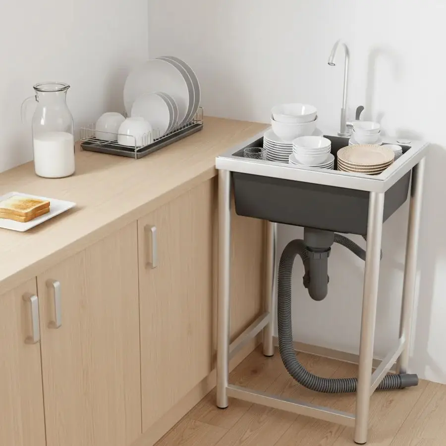 

Stainless Steel Sink Freestanding Kitchen Sink with Faucet Single Bowl Commercial Sink Large Capacity Sink for Home Restaurant