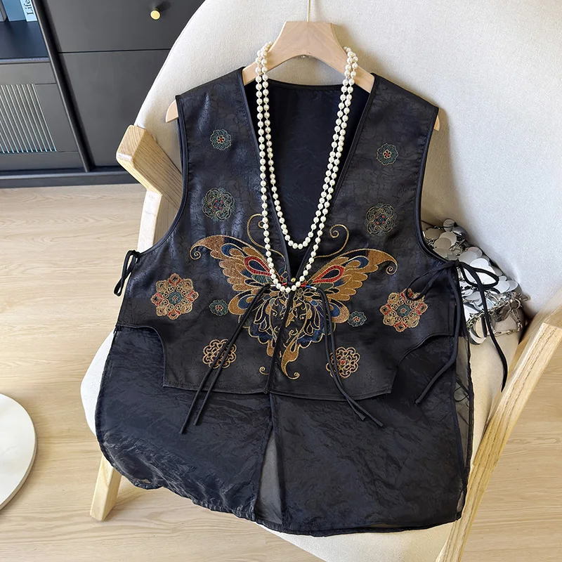 2026 New Chinese Style Butterfly Embroidery Silk Organza Gambiered Silk Vest Women Frog Buttons Handcrafted Summer