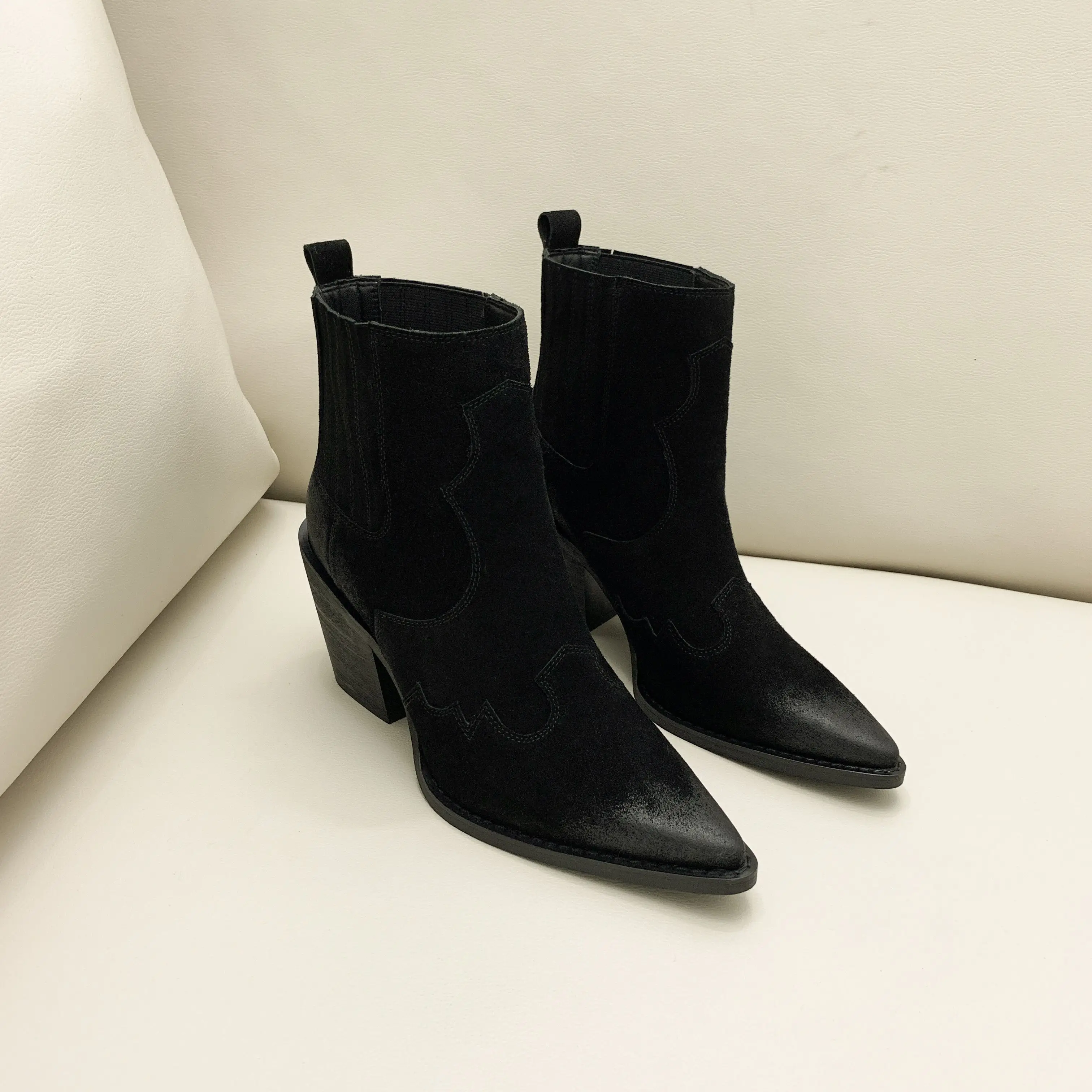 Botas de cuero Natural para mujer, Botines de tacón medio con punta puntiaguda auténtica, tacón cuadrado grueso, sin cordones, estilo occidental,