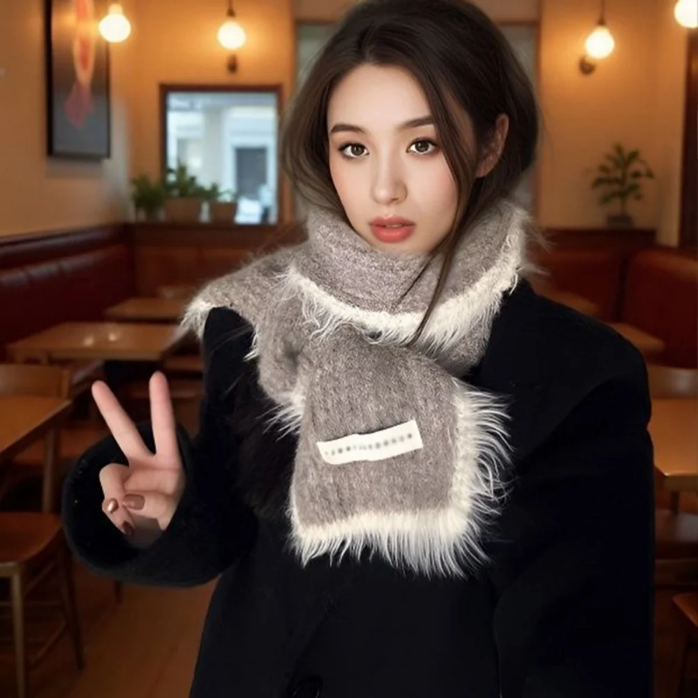 Winter Wool Knitted Scarf Contrast Color Woolen Edge Women Men Scarf Neck Cover Warmer Neckerchief Fashion Thick Long Scarves
