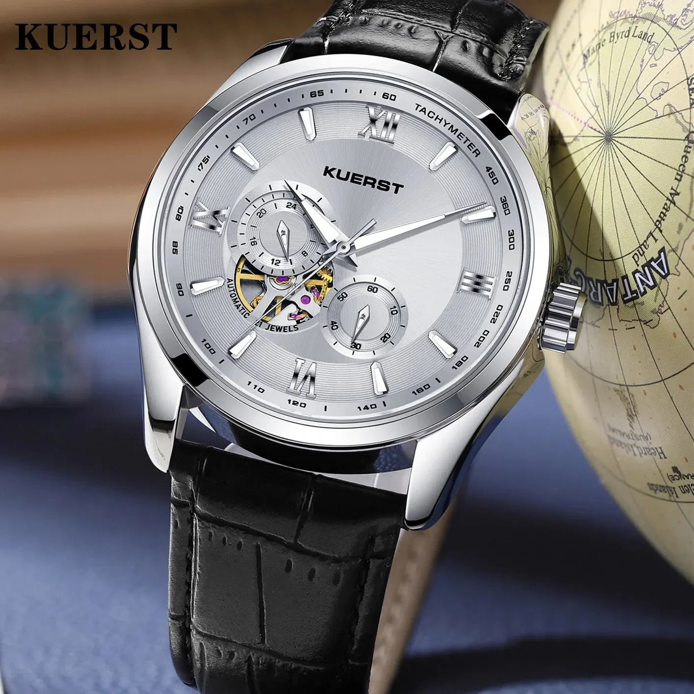 KUERST Six Kinds of Needles Automatic Mechanical Multi Functional Waterproof 24 Hours Double Small Seconds Luminous Trend Watch