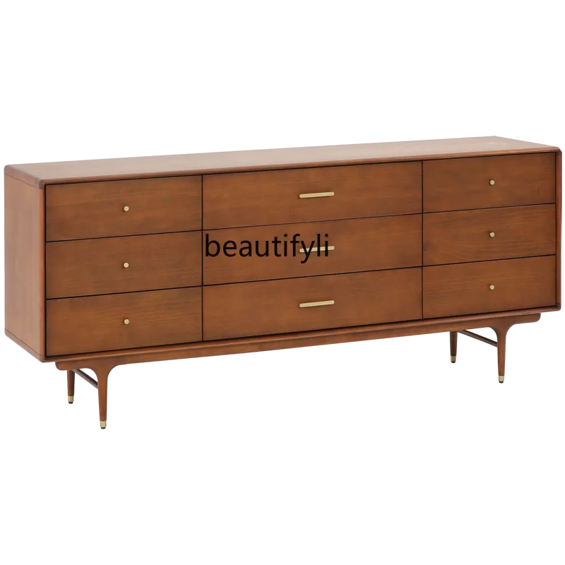 Modern Minimalist Nordic Retro Mid-Ancient Industrial Style Solid Wood Nine-Drawer Cabinet Sideboard Storage Walnut Color