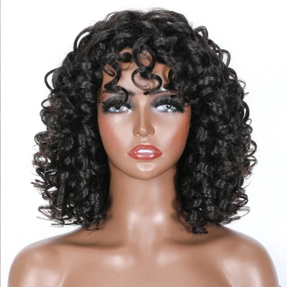 Bouncy Curls Bob Peruca com Franja, Afro Kinky Curly Wig, Cabelo Humano Virgem Brasileiro Grande Preto, Glueless Pixie Cut Perucas, 10A