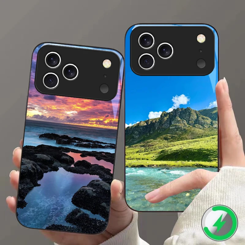 Coastal Sunset Scenery Suitable For iPhone 16E 17 Pro Max 15 Pro 14 13 Plus 12 mini 11 16 Air 17Pro magnetism Glass Phone Case