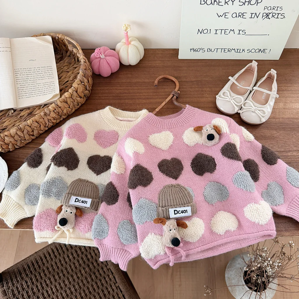 Girls' Knitted Sweater 2026 Autumn and Winter New Wool Love Cartoon Knitting Bottoming Shirt Baby Girl's Sweater Tops