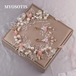 Sweet Bridal Hair Accessories Wedding Women Pearl Hairband Fairy Pink Girl Head Flower Crown Golden Wire for Female Decoration