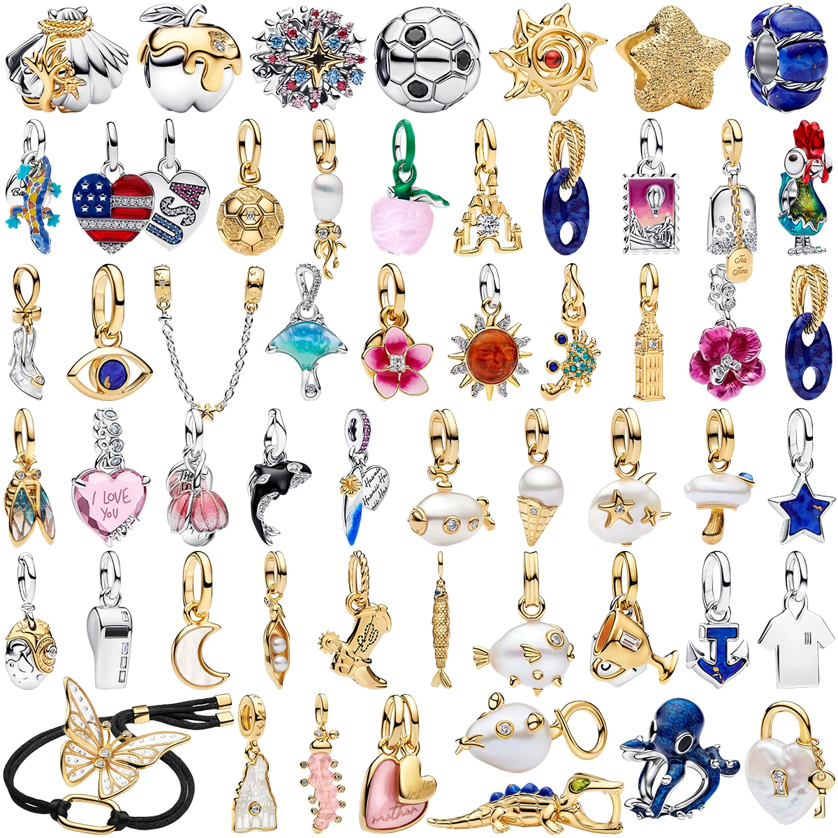 925 Sterling Silver Funny Pave Charms Beads Shell Gem USA Flag Lizard Soccer Pearl Moon Star Sun Flower Stingray Stone Jewelry