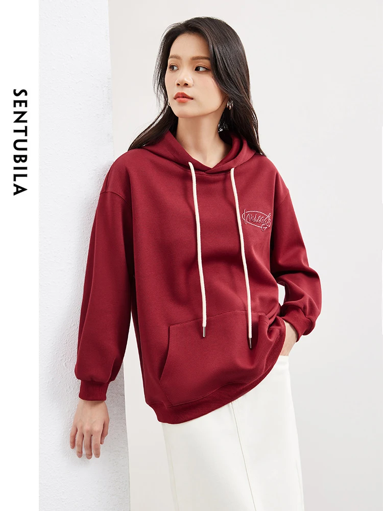 SENTUBILA Red Embroidery Casual Loose Woman Hoodies Pullover Drawstring Hooded Sweatshirt 2024 Spring Long Sleeve Tops W41A53564