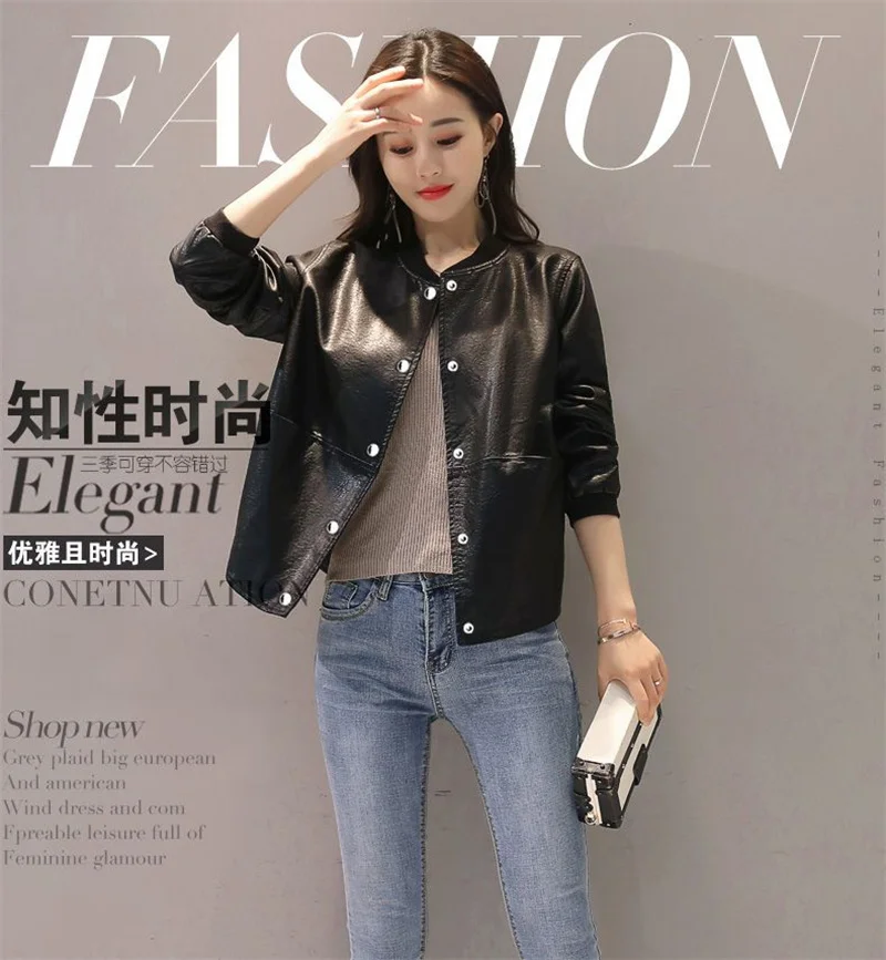 Fashion Slim Round Neck Pu Solid Color Zipper Leather Women's Spring And Autumn Korean Loose Short Coat Casual Leather Jacket