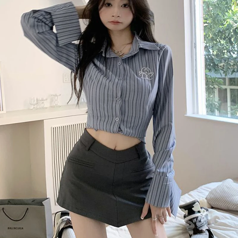 Y2K Women Striped Shirts Korean Fashion Embroidery Female Long Sleeve Tops Spring Casual All Match Student Shirt New