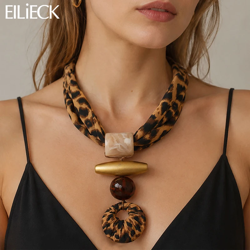 EILIECK Exaggerated Geometric Resin Pendant Necklace For Women Fashion Vintage Leopard-Print Scarf Collarbone Chain Unique Gift