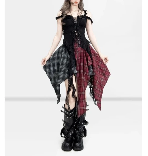 Personality Subculture Dark Red Plaid Irregular Ruffles Skirt Fashion Girl High Waist A-line Y2k Versatile Short Pleated Skirts