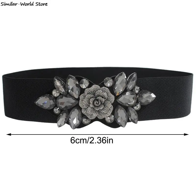 Female Rose Flower Rhinestone Elastic Waistband Women Waist Cinch Band Dress Overcoat Clothing Accessories