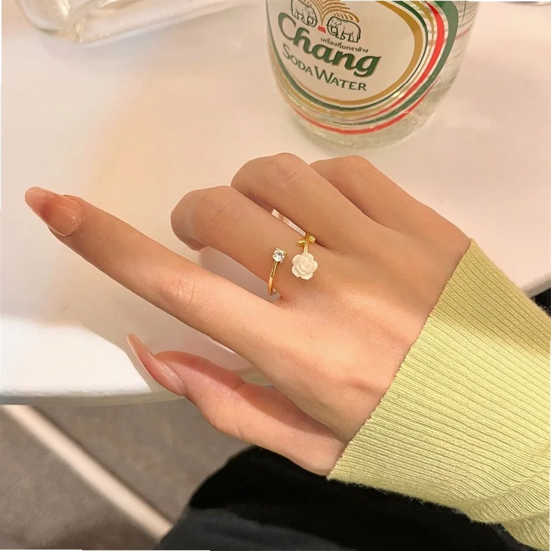 "Trendy Adjustable Camellia Flower Ring for Women, Elegant Opening Design, Fashion Student Jewelry Gift"
