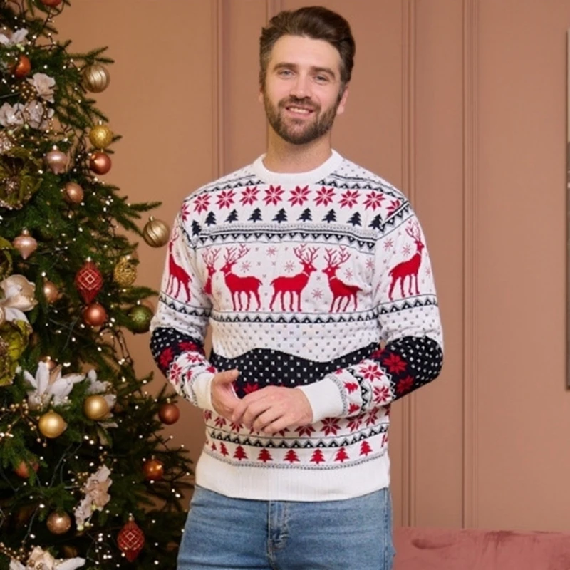 سترة شتوية لعيد الميلاد لعام 2025 للزوجين/العائلة ملابس متطابقة من قماش الجاكار المحبوك سترة تريكو سميكة دافئة بلوفر بمظهر عيد الميلاد