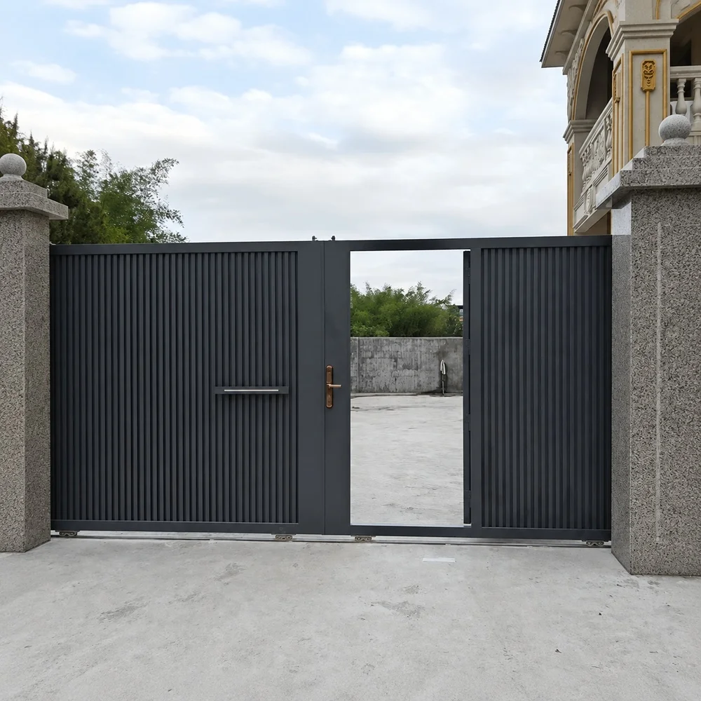 Modern Aluminum Sliding Driveway Gate Custom Size Privacy Security Entrance Gate with Pedestrian Door for Villa Courtyard Home
