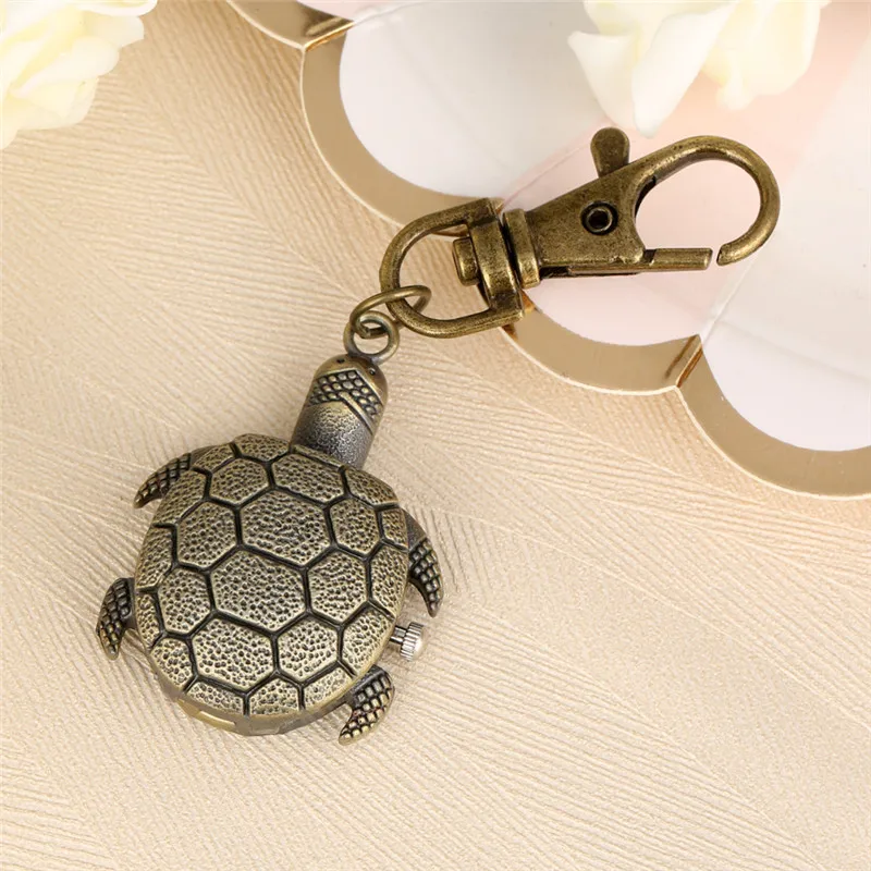 Bronze Tortoise Watch Key Chain Pendant Quartz Pocket Watches for Men Women Antique Decoration Accessory Relojes De Bolsillo